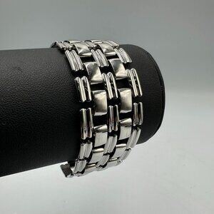 Vintage Wide Link Bracelet Silver Tone Flat Panel Statement Jewelry 7 Inch